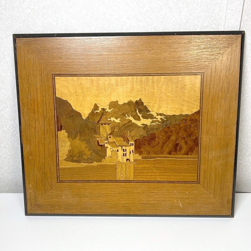 Vintage "Lake Geneva" Castle of Chillon Handmade Marquetry Inlaid Wood Picture
